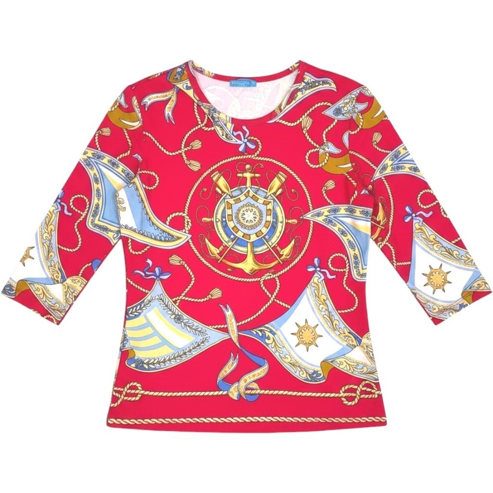 J Mclaughlin Nautical Print Classic 3/4 sleeve top blouse sz SM